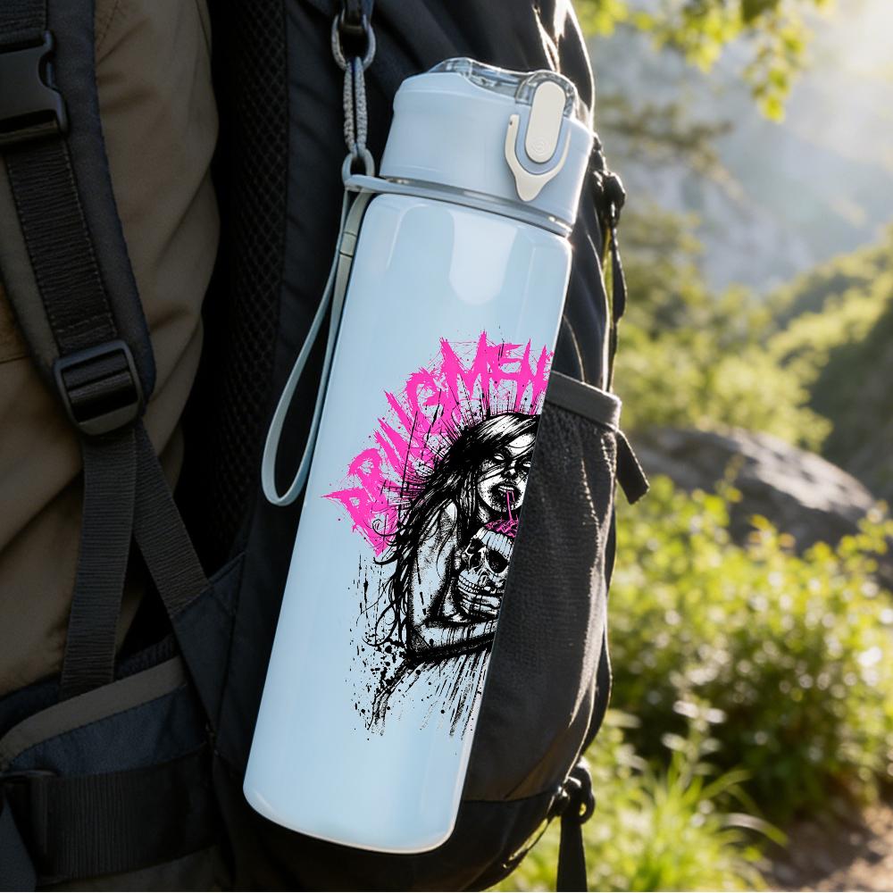 1PC Pink spiky hair female band print 750ml colorful plastic sports water bottle leakproof pop up lid with straw for outdoor work home use
