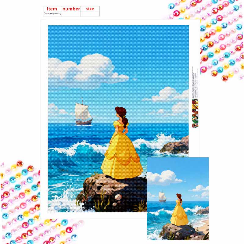 Disney Princess Belle 5D handmade diy diamond painting, home wall decoration with sailing ship and ocean waves