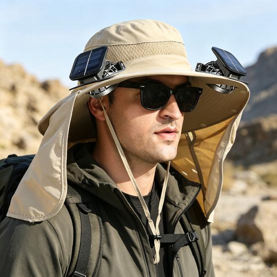 Bucket Hat Lightweight Breathable Water-Repellent Fabric Hiking Hat Adjustable Chin Cord Foldable Neck Guard Sun Hat with 2 Fans