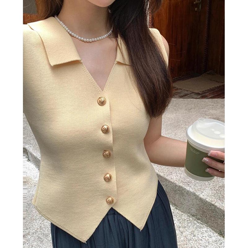 French Temperament V-Neck Single Breasted Sleeveless Slim Knitted Vest For Women