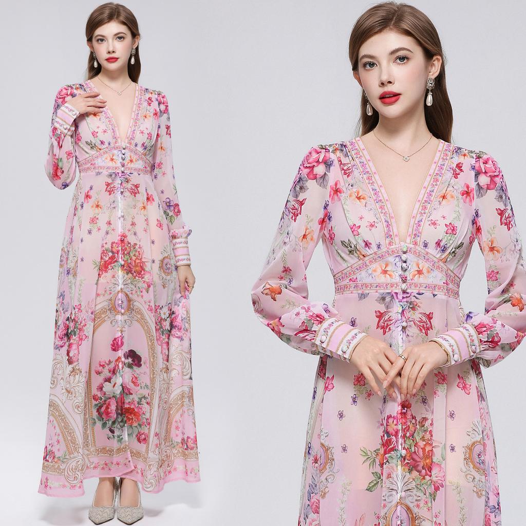 Summer Holiday Gorgeous Flower Beach Dress Women Deep V-Nek Long Sleeve Floral Print High Elastic Waist A-Line Maxi Dress