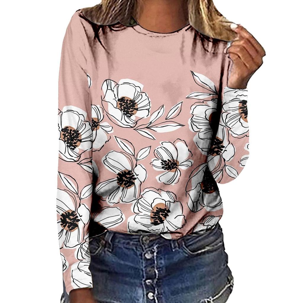 Modne codzienne damskie T-shirty z okrągłym dekoltem i nadrukiem kwiatów 3D z długim rękawem