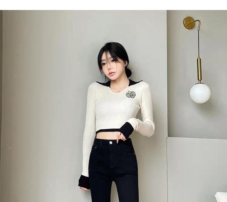 Schwarze High-Waist Cropped Flare Jeans im koreanischen Stil für Damen