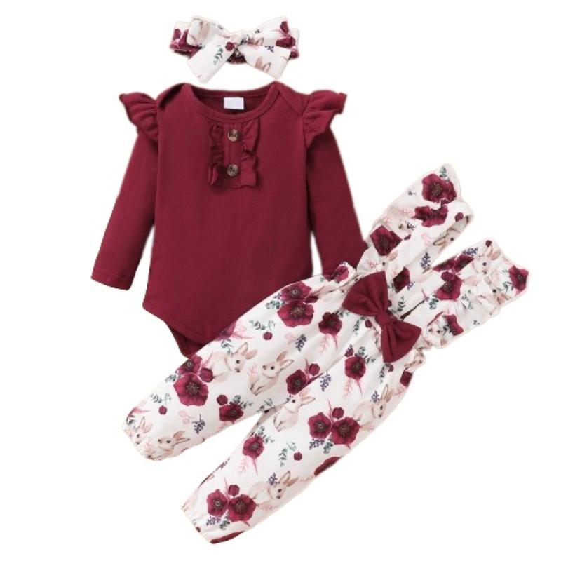 0-18Months Baby Girl Clothes Set Red Color Long Sleevs Bodysuit + Flower Strap Pants 2PCS Infant Girl New Years Clothing Suit 0-3M бордовый