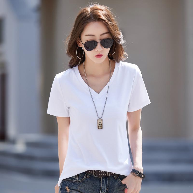 

Женская белая хлопковая футболка с V-образным вырезом и короткими рукавами, с вырезом «сердечко» L белый