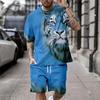 Summer Round Neck 3D Tiger Pattern Printed Set Fashionable and Casual Short Sleeved Shorts Men's Sport Wear
