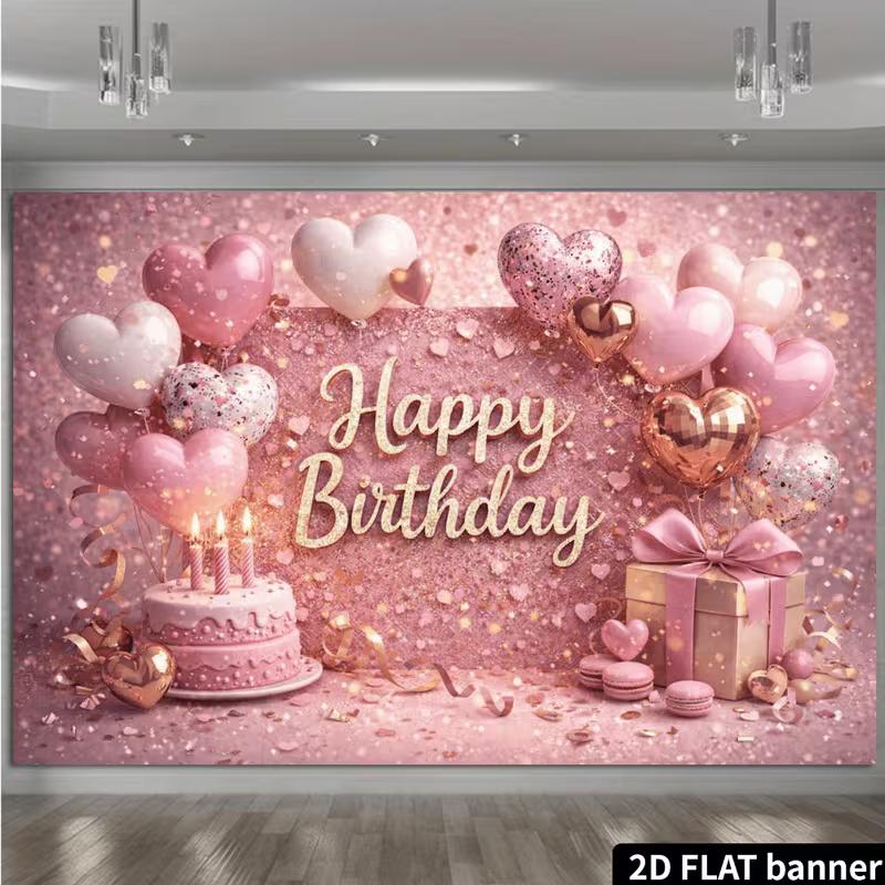 2D Shiny Pink Glitter Happy Birthday Backdrop Banner Party Decoration for Girls