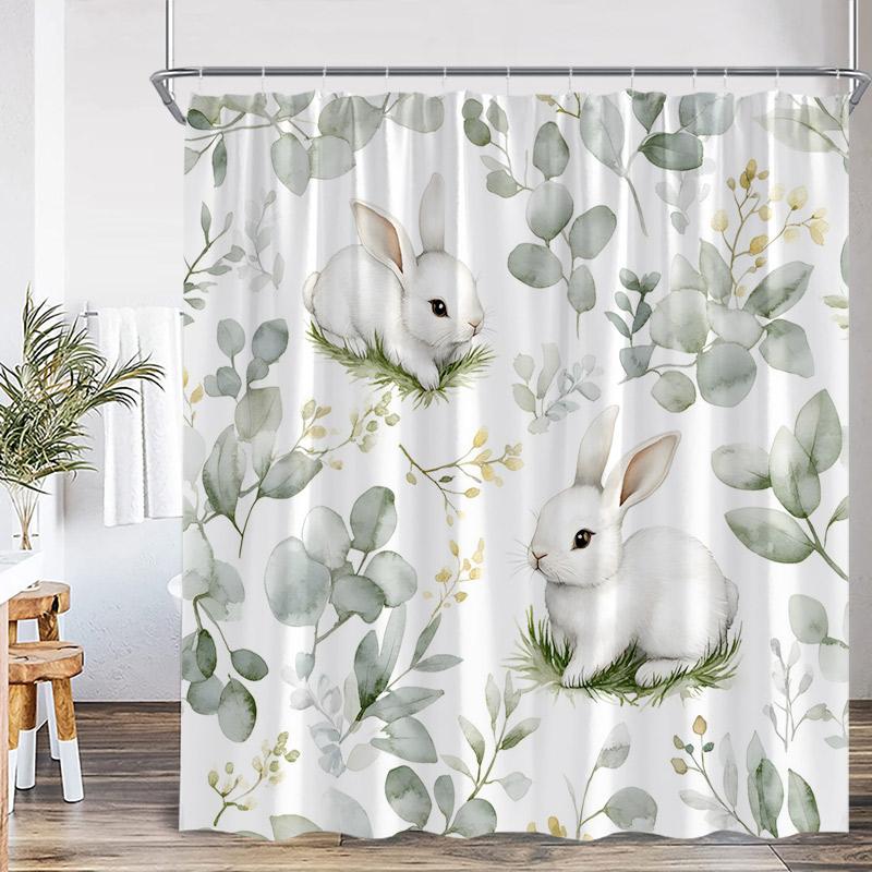 Easter Shower Curtains Watercolour Floral Leaves Butterfly Cute Rabbit Bath Curtain Fabric Home Bathroom Decoration With Hooks