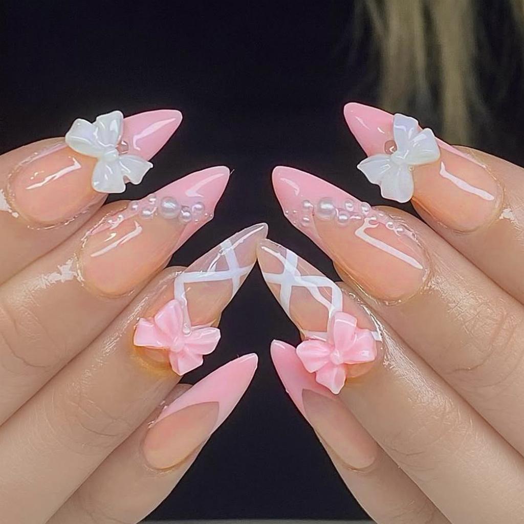 24PCS Nude Fake Nails with French Pink Tip Reusable Long Lasting Press on Nails for Fingernail DIY Decoration