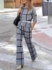 2024 Autumn/Winter Women's Plaid Print High Neck Long Sleeve Top & Solid Color Long Pants Set