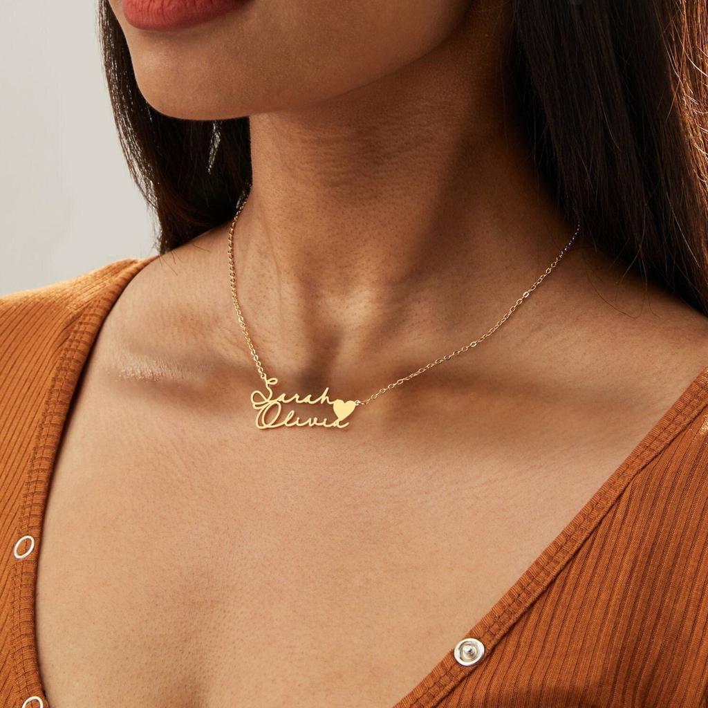 Custom Personalized Jewelry Heart Shaped Double Name Necklace 18K Gold Plated Stainless Steel Necklaces for Gift