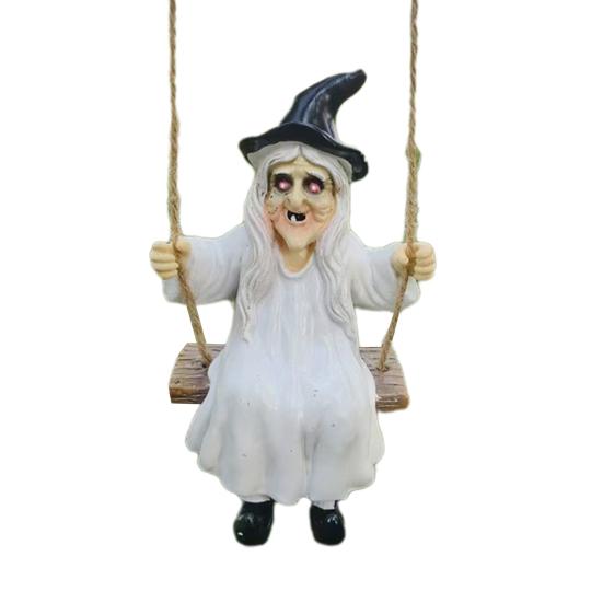 Halloween Swing Ghost Statue Resin Ghost Dog Witch on A Swing Figurine Outdoor Tree Hanging Ornament for Garden Patio Lawn Yard Decor