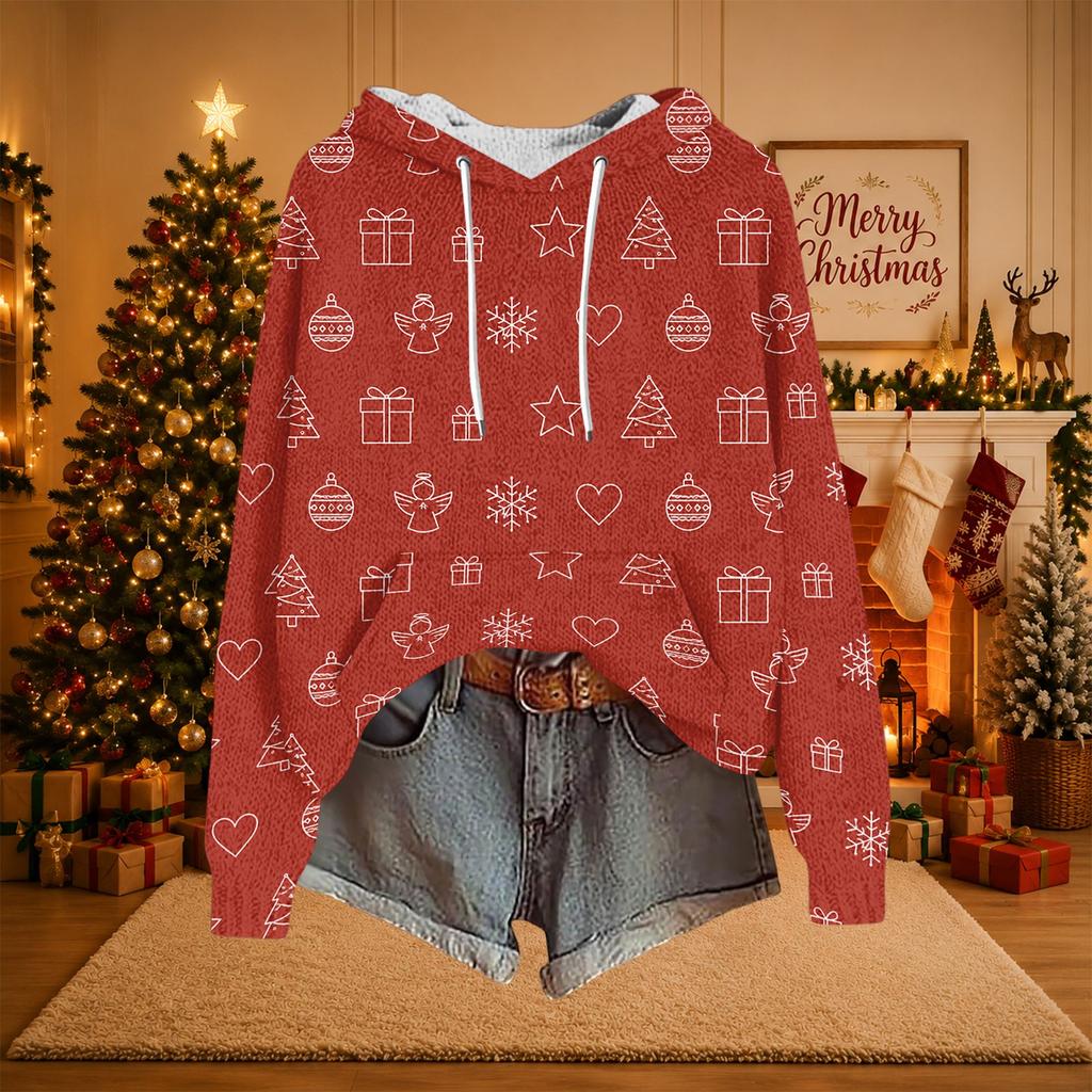 Women's Casual Long Sleeve Hooded Knit Sweatshirt with Christmas Print Pullover Top