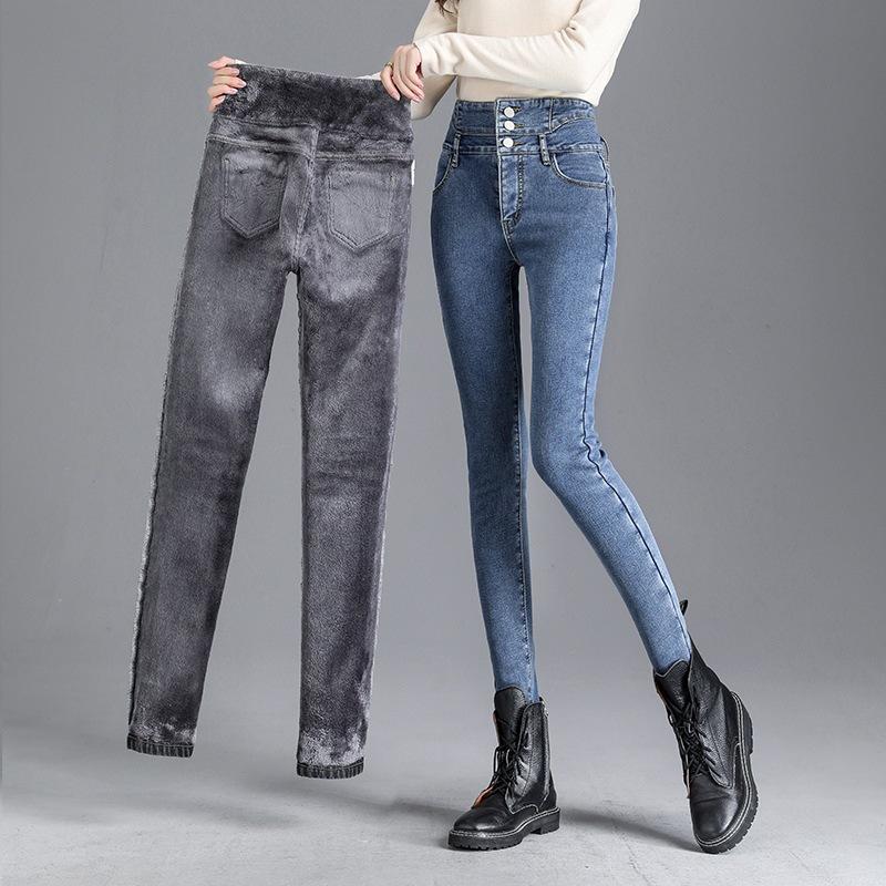 New autumn and winter women's clothing velvet jeans, thin high-waisted breasted leggings, versatile women's pants
