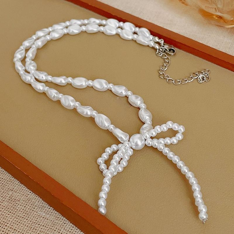 Fashionable Bowknot Pendant Necklace Handmade Irregular Pearl Choker Neckchain Bow Clavicle Chain for Women and Girls