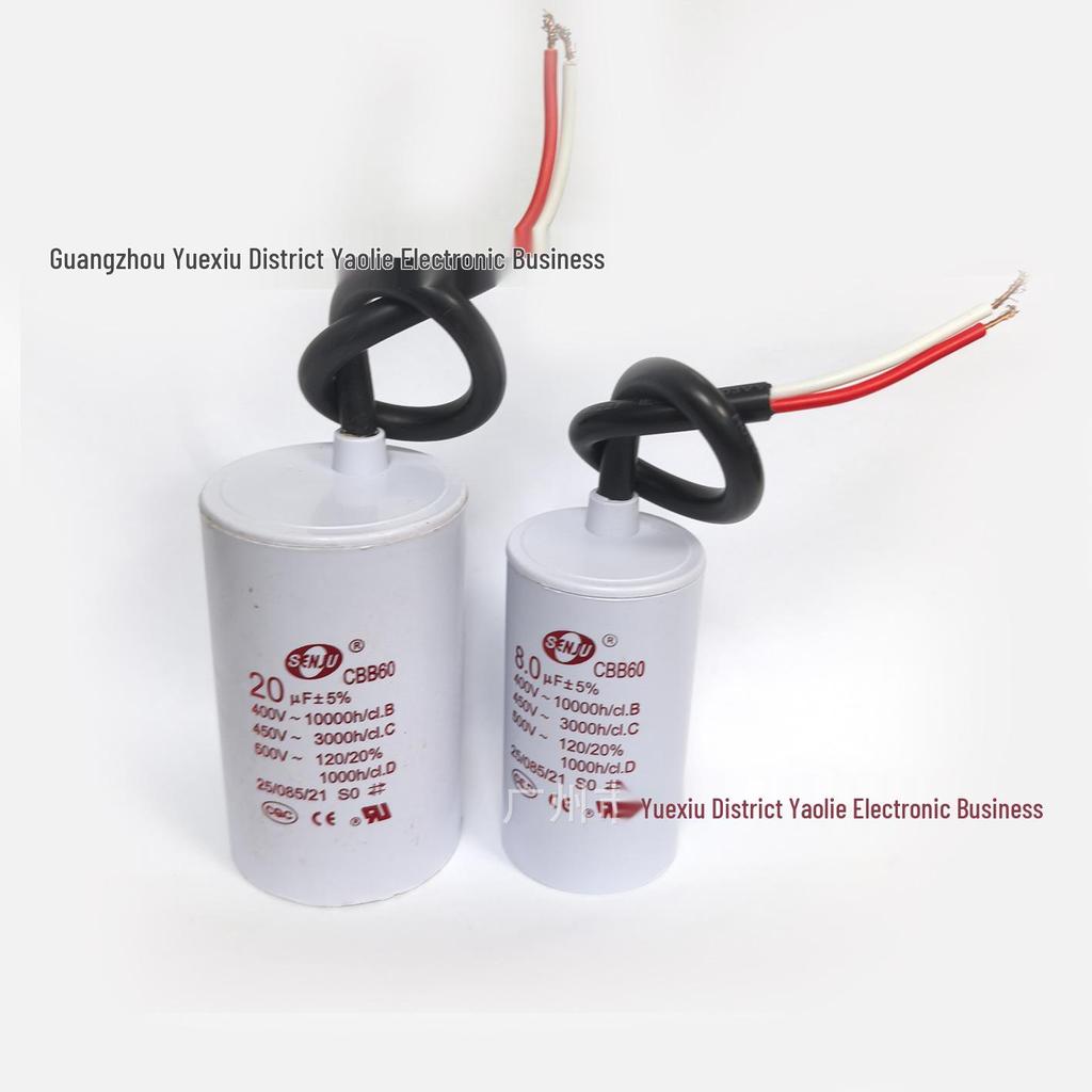 CBB60 450V 8UF Start Capacitor with Leads for Washing Machine and Water Pump, 35x60mm Film Capacitor