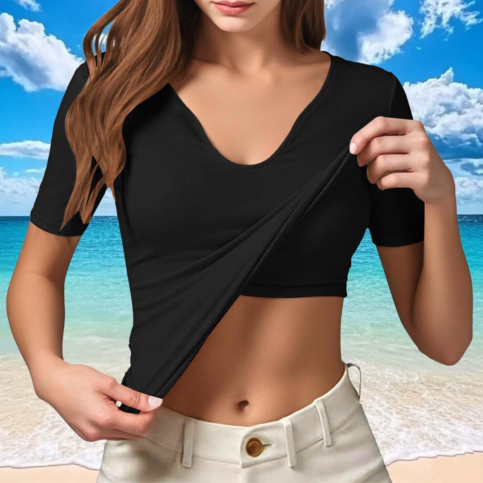 

Short Sleeve Tops for Women V Neck Crop Tee Summer Tops for Women Boho Tops for Women Spring Tops for Women XXL чёрный
