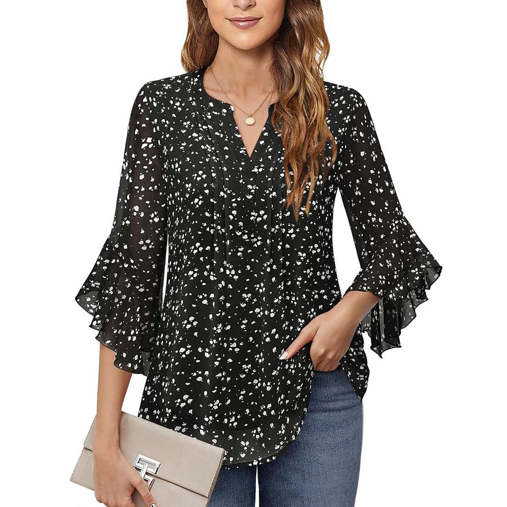 My Garderobe Authorization Damenblusen Chiffon Rüschen Kurzarm V-Ausschnitt Business Casual Tops Sommer süßes Hemd