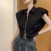 Designed Double Zipper Small Flying Sleeves Sleeveless Short Shirt for Women Summer New French Style Super Nice