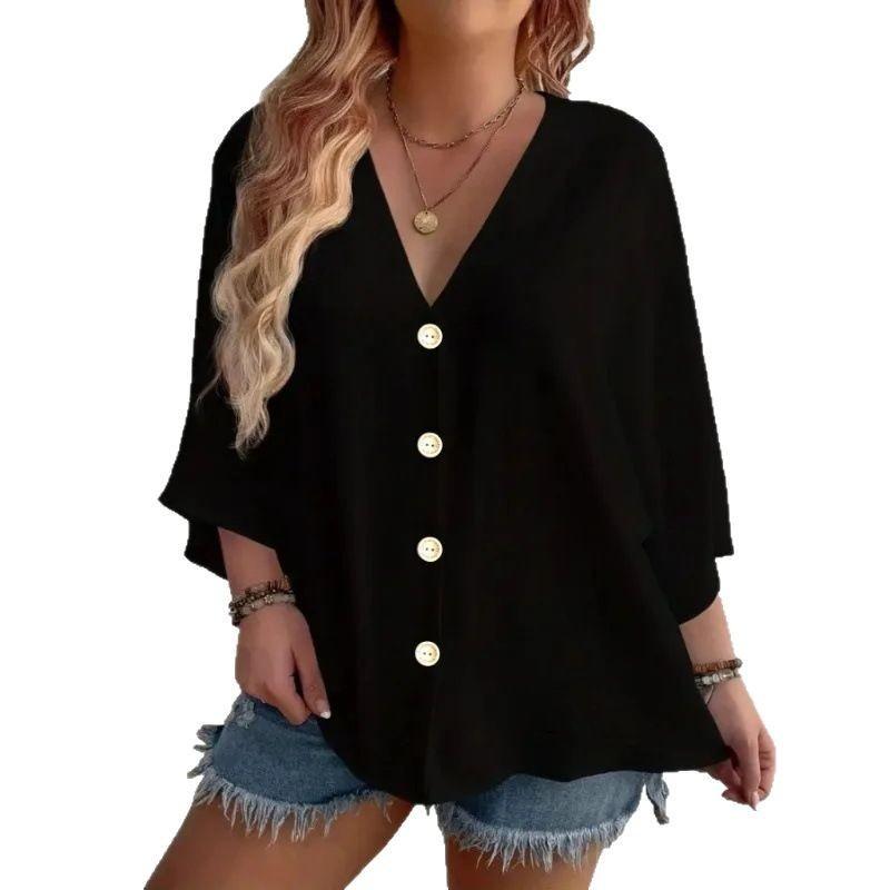 V Neck Large Size Casual Loose Women Shirt Solid Color Spring and Summer T-shirt Casual Buttons Top Fashion Elegant Simple Blouse Sweet Office Clothes