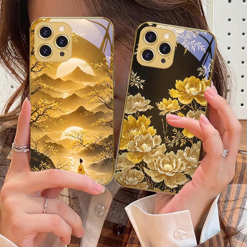 Golden Flowers And Phoenixes For IPhone 16 Pro Max 15 P Ro 14 M Ax 13 Plus 12 Mini 11 XS Max XR Golden Tempered Glass Phone Case
