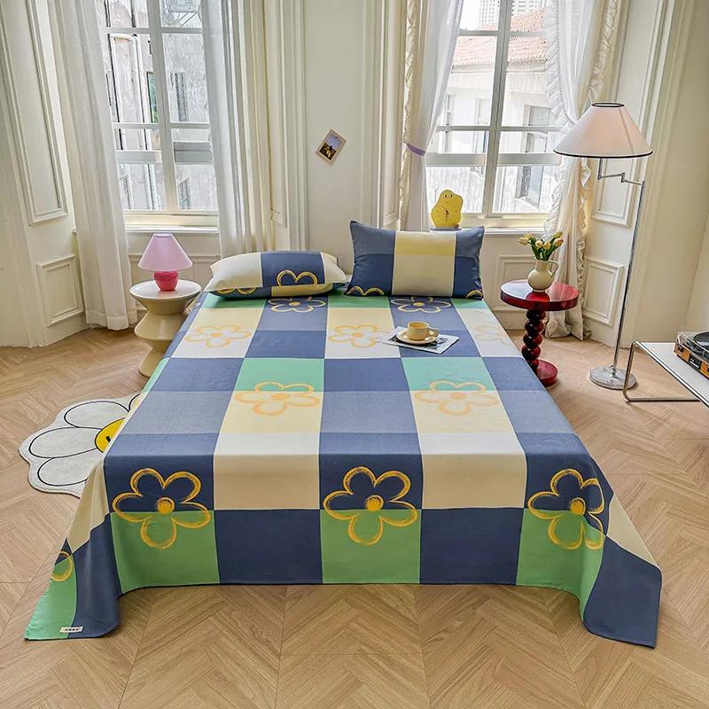 Simple Black White Checkered Pattern Bed Sheet Set 100% Cotton Skin-friendly Breathable Thicken Flat Sheet with 2 Pillowcases