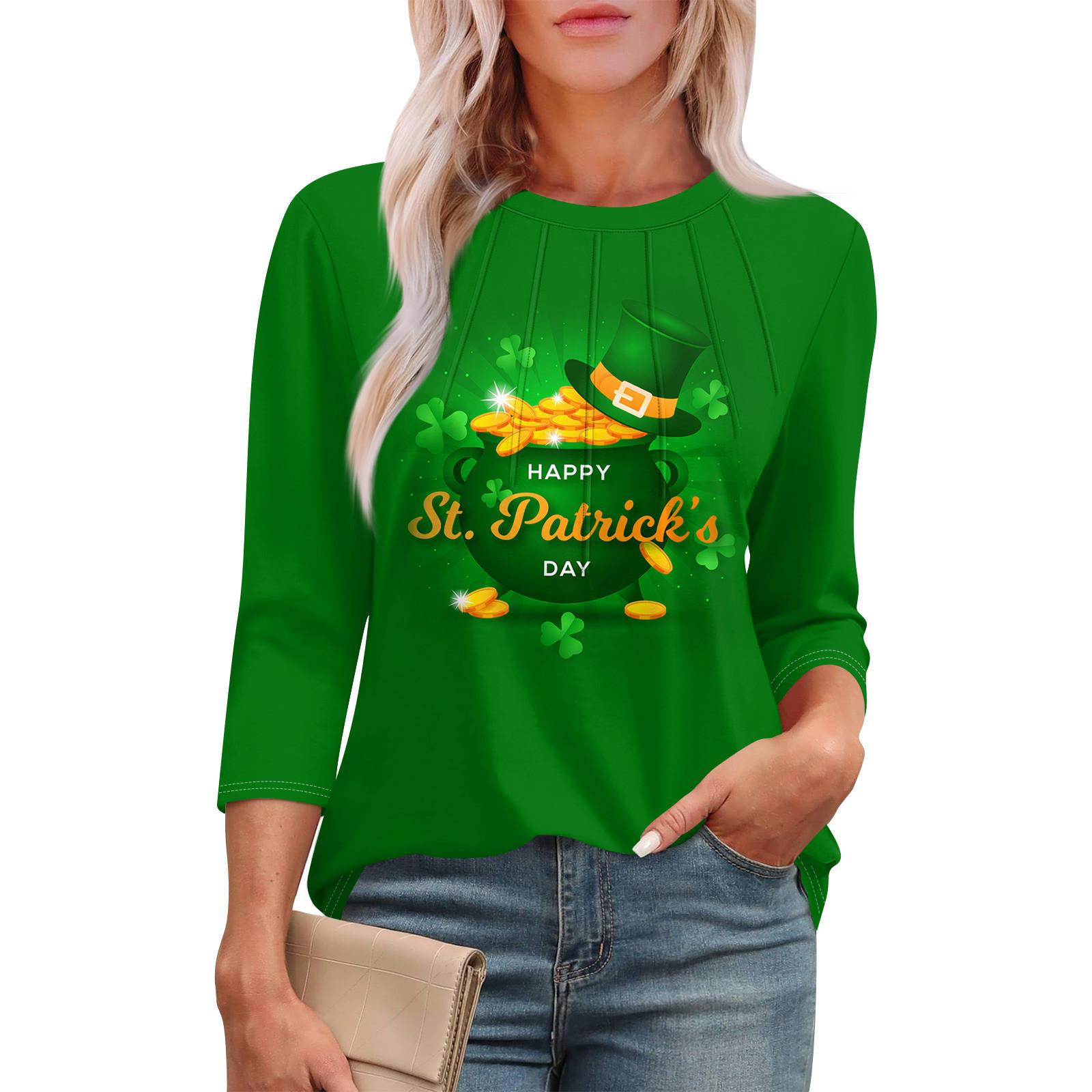 

Женская мода круглый вырез семь рукавов St. Футболка с принтом ко Дню Святого Патрика и складками XXL зелёный