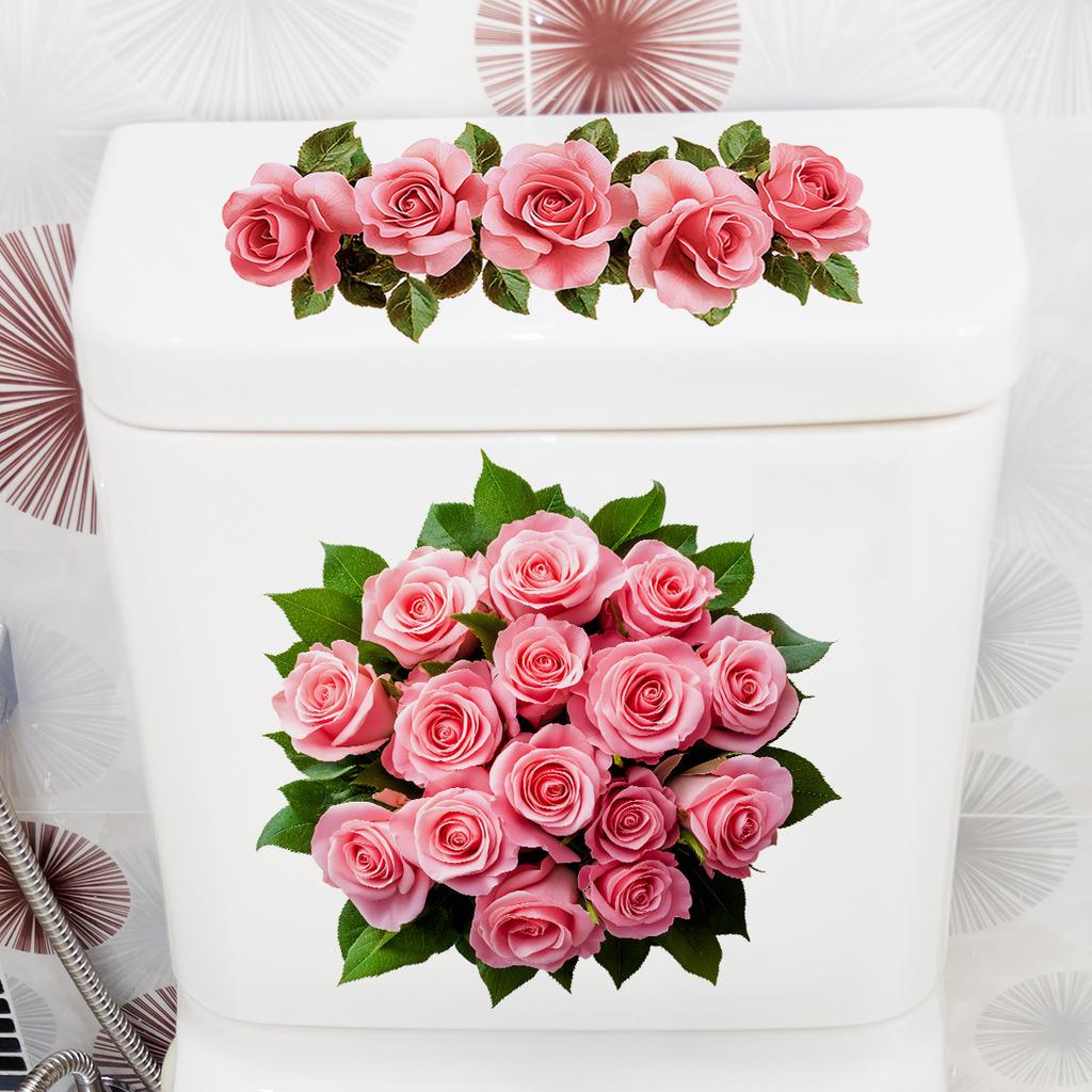 Romantic Pink Rose Toilet Sticker Self-adhesive Waterproof Bathroom Decoration Sticker