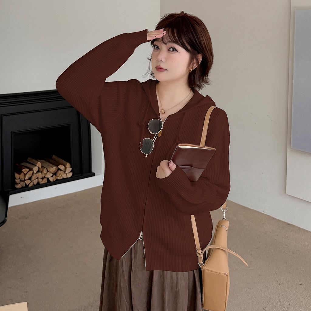 Large Size Women's Hooded Sweater Cardigan Autumn and Winter New Lazy Wind Loose Knitted Top 343338