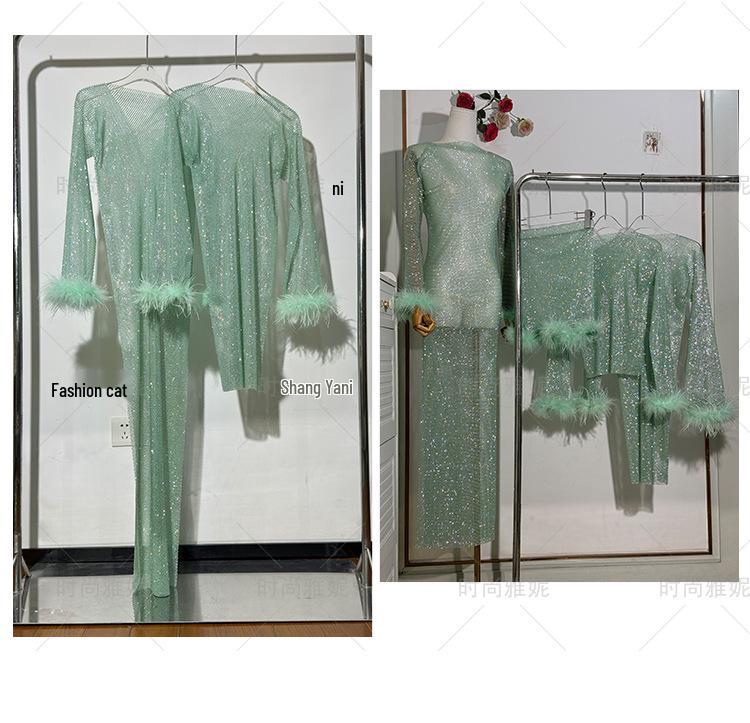 Yanni Fashion Blue Feather & Rhinestone Dress with Long-Sleeve Top and Skirt