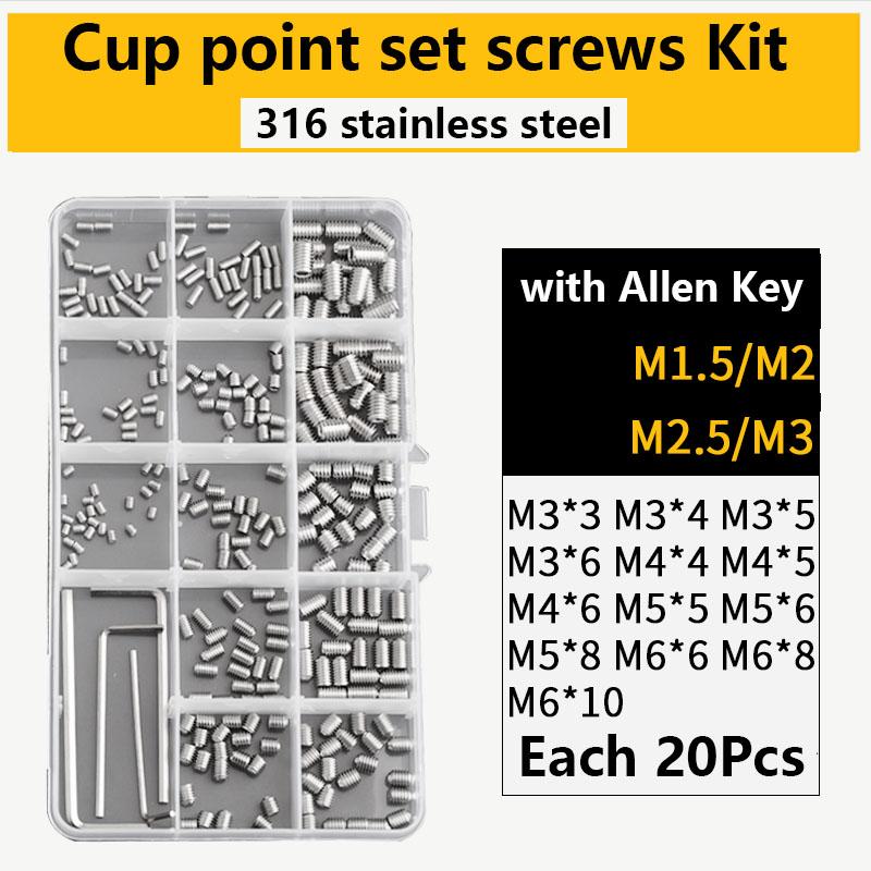 304 316 Stainless Steel Internal Hex Socket Drive Cone Dog Flat Cup Point Set Screw Assortment Kit Allen Head Grub Bolt