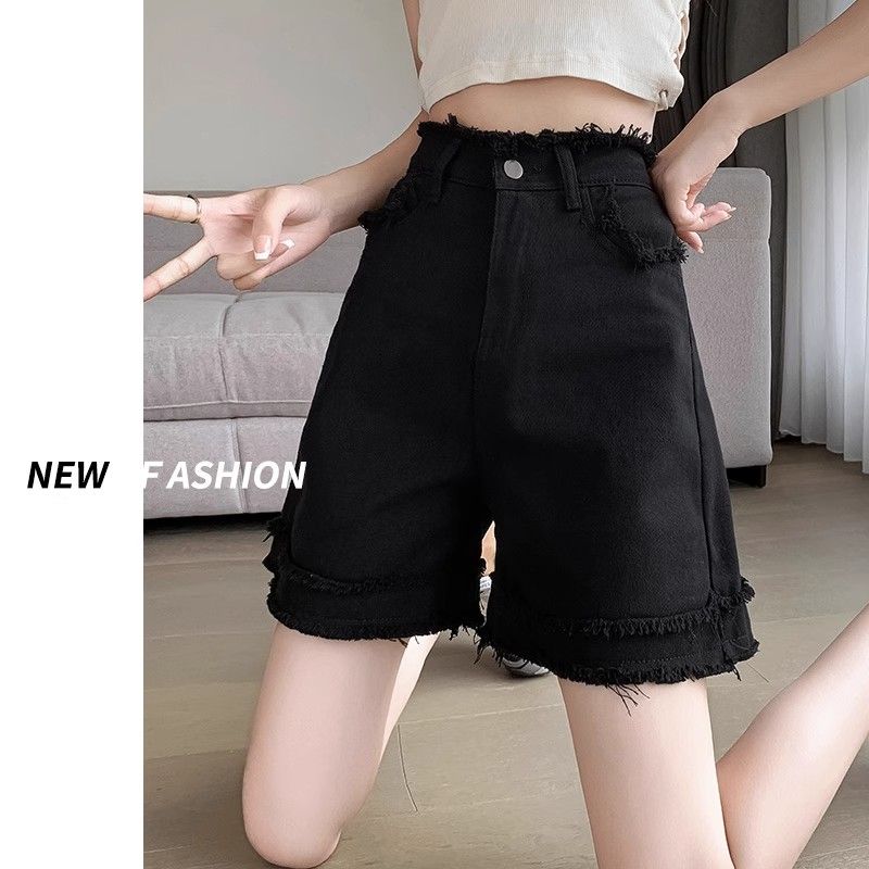 Pantaloni scurți din denim negru pentru femei de vară, subțiri, în A, cu talie înaltă, largi și slim, cu margini mici