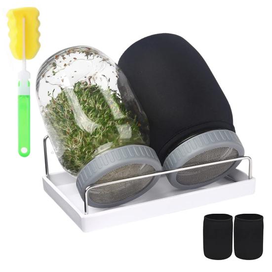 32Oz Sprouting Jar Kit 2 Wide Mouth Mason Jars with Stainless Steel Screen Lids Blackout Sleeves Stand Drip Tray Mason Jar Sprouting Set for Growing
