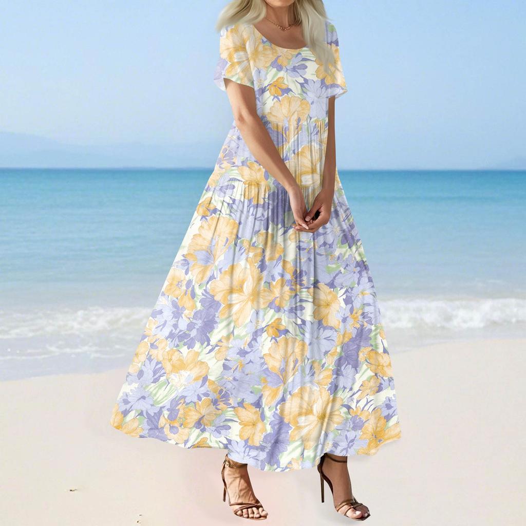 Damen Sommer Casual Blumendruck Kurzarm O-Ausschnitt Hohe Taille A-Linie Stufen Fließendes Boho Maxikleid