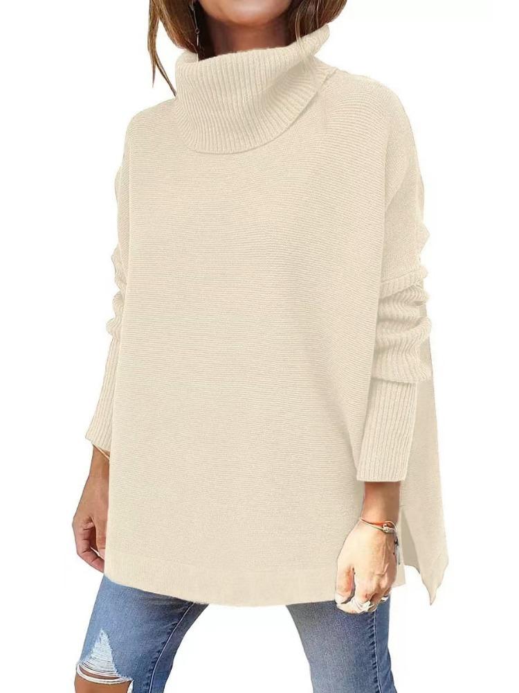 Women's Oversized High Neck Sweater Mid Length Batwing Sleeves Split Hem Waist Tied Pullover Luxurious Relaxed-fit Slimming and Versatile Top