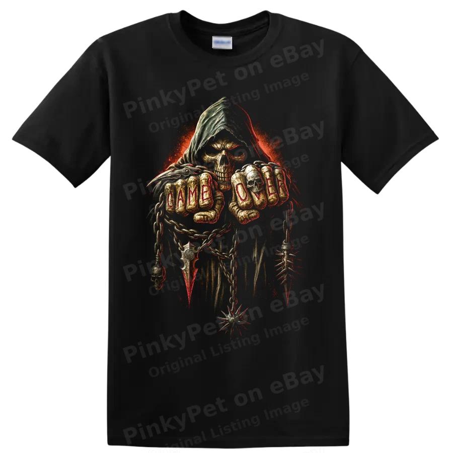 Grim Reaper Skull T Shirt w/ Chains Spikes Gothic Horror Graphic Tee Art Design