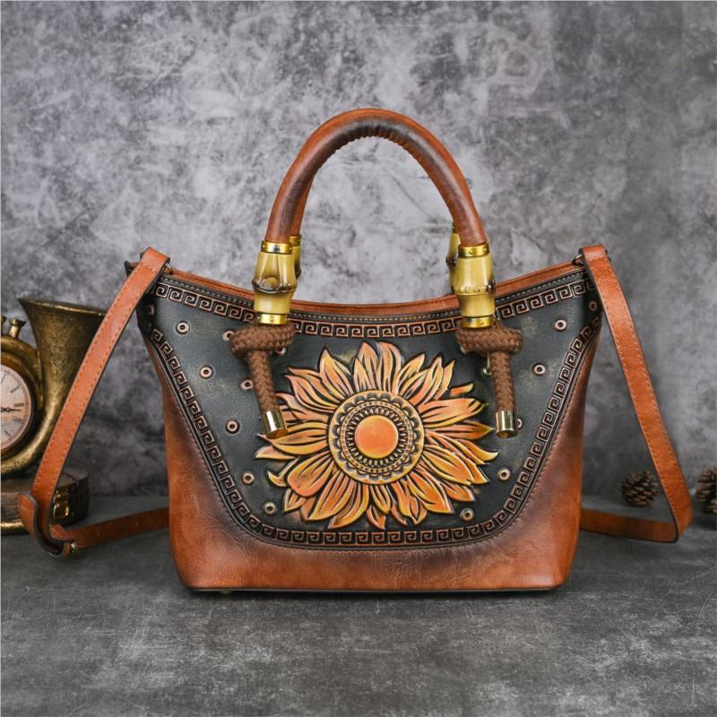 Johnature Retro geprägte Lederhandtasche Damentasche Fortschrittliche vielseitige Umhängetasche mit großer Kapazität