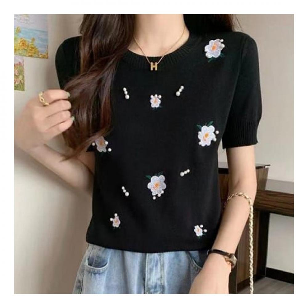Navava Women Pearl Flower Round Neck Short Sleeve Knit Nk1995