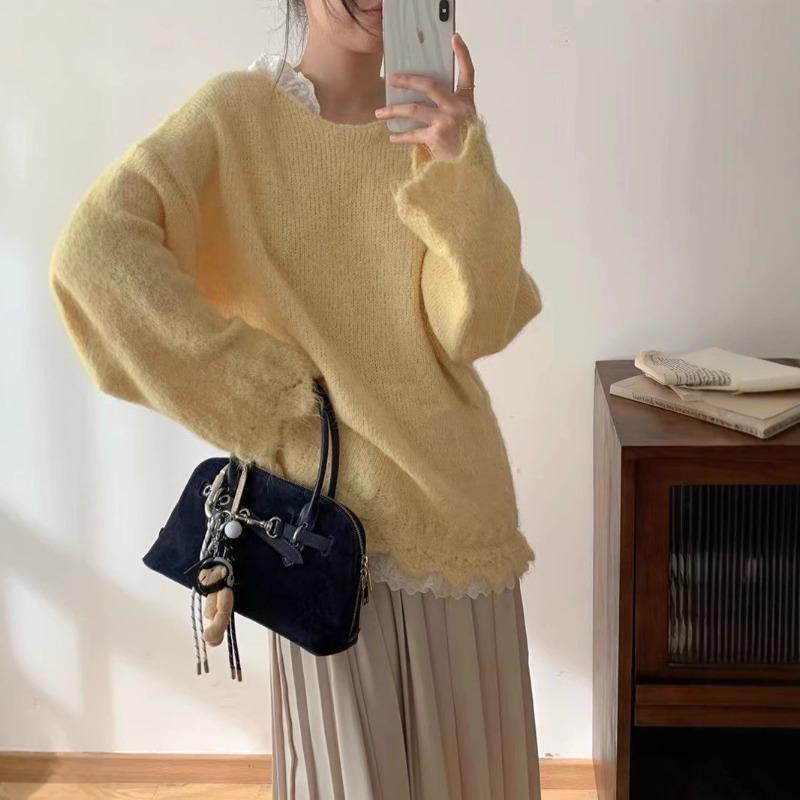 Spring new lace splicing knitted sweater top loose soft waxy lazy wind sweet sweater pullover woman