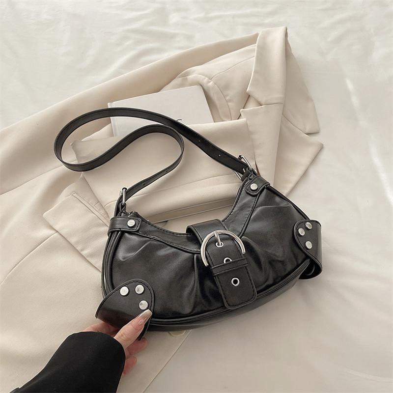 Vintage Y2k Rivet Belt Design Women Pu Shoulder Bags Solid Color Ladies Crossbody Bag Casual Female Hobos Handbags Purse