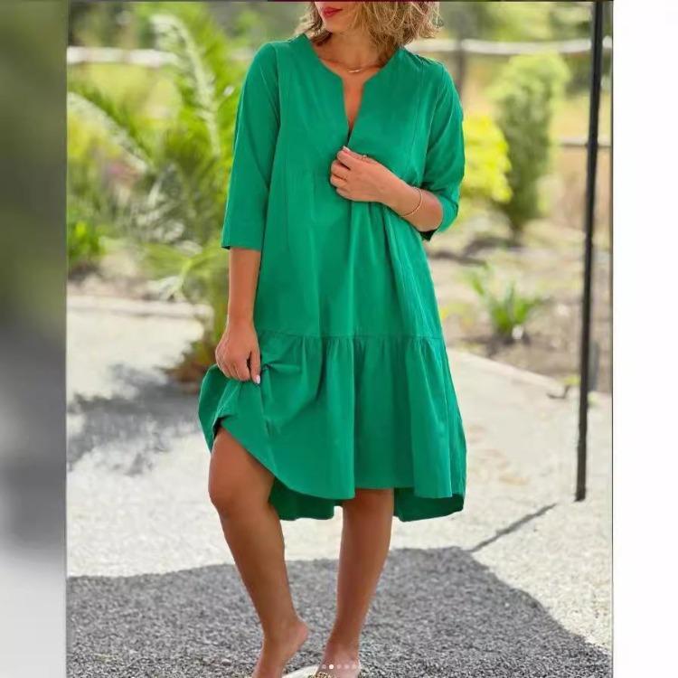 Women Summer Casual Cotton Short Sleeve V Neck Lightweight Breathable Loose Solid Ruffled Midi Beach Vacation Dress