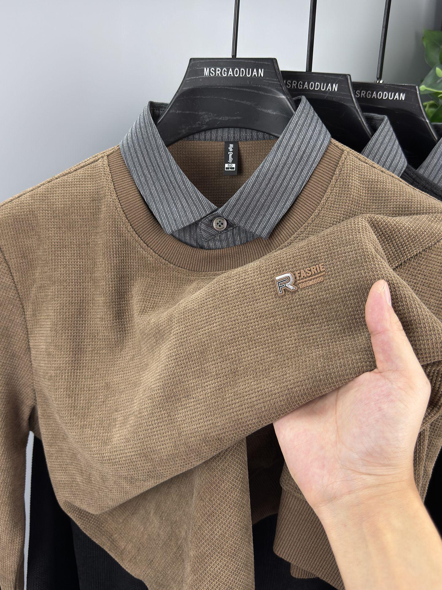 

2025 Men s Business Casual Long-Sleeve Two-In-One Shirt XXL кавовий