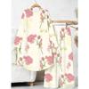 Floral Print Two Piece Outfit Women Long Sleeve Irregular Hem Tunic Top Wide Leg Pants Casual Matching Set