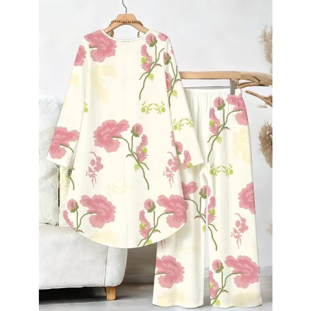 Floral Print Two Piece Outfit Women Long Sleeve Irregular Hem Tunic Top Wide Leg Pants Casual Matching Set