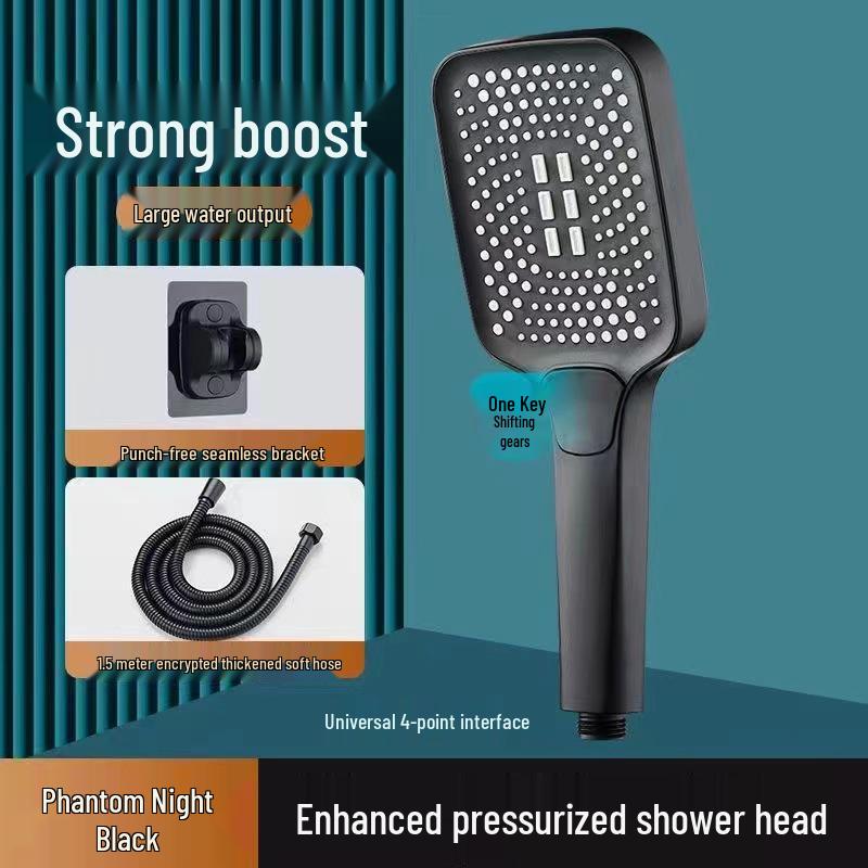 Square Turbocharged Shower Head Set with Hose, ABS Material - Bathroom Bathing Showerhead