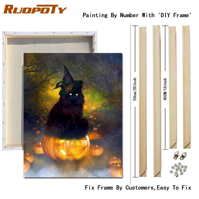 RUOPOTY Painting By Number Cat Animals DIY Frame Acrylic Handpainted Drawing On Canvas Autumn Pumpkin Gift Home Decoration