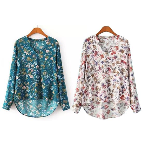 Women Casual Long Sleeve V-neck Floral Print Shirt Chiffon Blouse Irregular Top