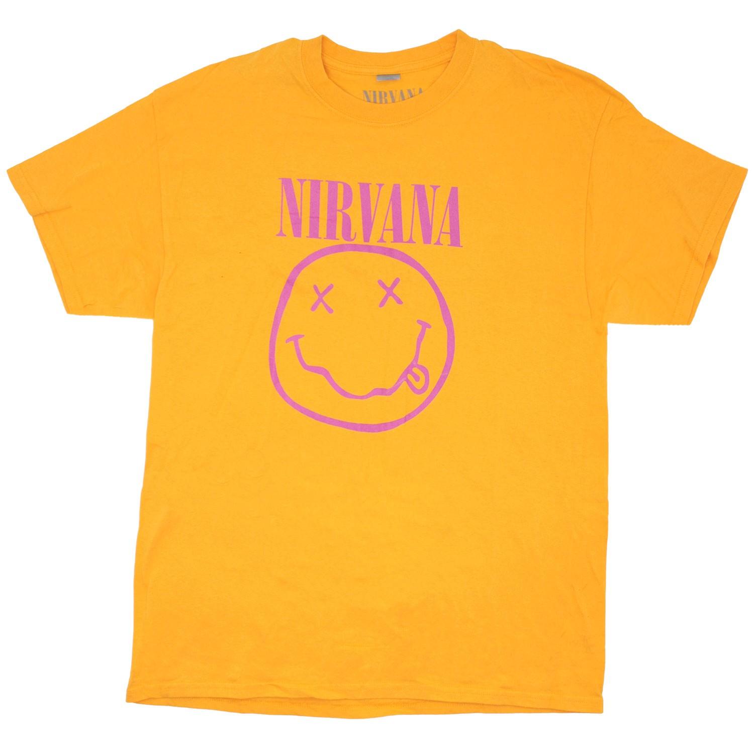 Men s Nirvana Pink Smile Face Logo (Import) T-shirt Large Yellow S
