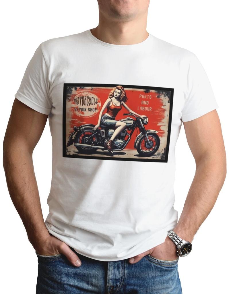 Motorcycle Garage T-Shirt Retro MC Biker Motorbike Motorbike Pin-Up Girl Tee Top