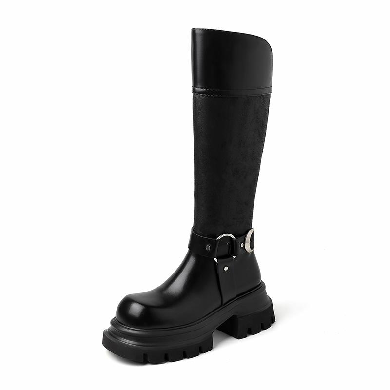6CM British style fashion thick-soled high boots 2025 autumn and winter new round head thick heel but knee knight boots